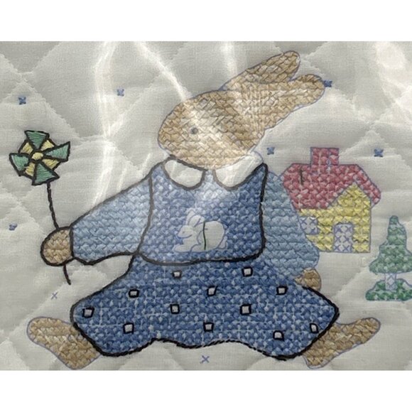 Baby Bib Handmade Embroidered Bunny Blue Handcraft Cross Stitch Shower Gift New - Picture 2 of 2
